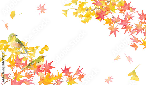 Wallpaper Mural 紅葉したモミジとイチョウと野鳥（メジロ）の水彩イラスト。秋をイメージしたフレームデザイン。
 Torontodigital.ca