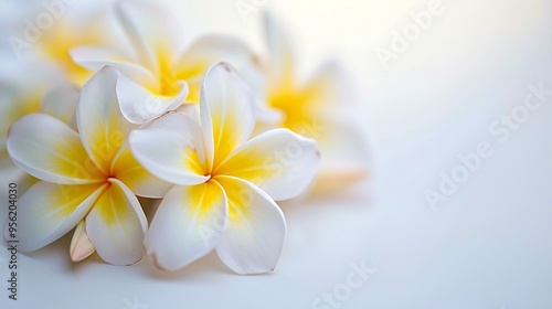 07231249 551. Close-up of a white and yellow Plumeria (Frangipani) flower bouquet, isolated on a white background, showcasing the delicate details of the flower bunch