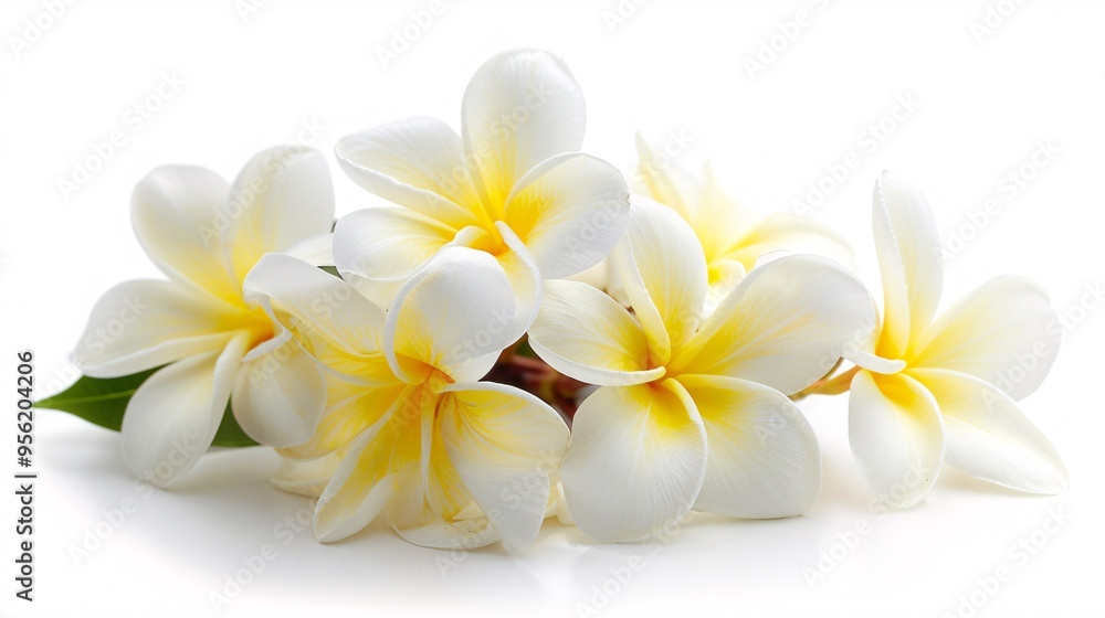 07231249 552. Detailed side view of a white and yellow Plumeria flower bouquet, highlighting the vibrant colors and intricate textures, set against a clean white background 07231249 552. Detailed side view of a white and yellow Plumeria flower bouquet, highlighting the vibrant colors and intricate textures, set against a clean white background