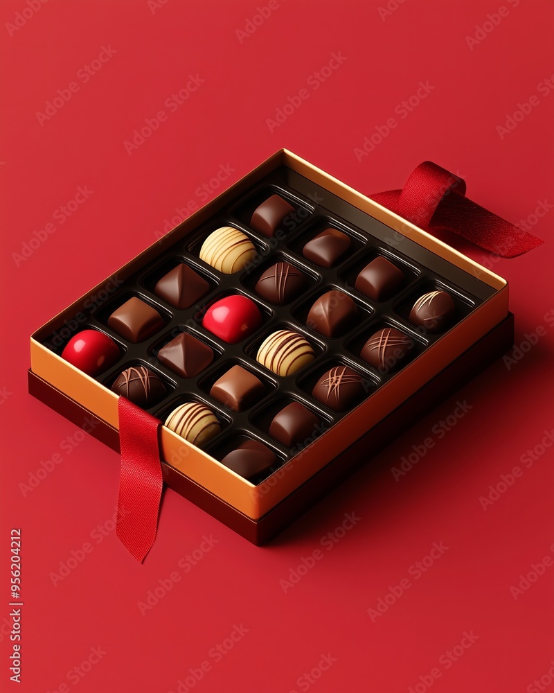 Elegant box of assorted chocolates with red ribbons. Elegant box of assorted chocolates with red ribbons.