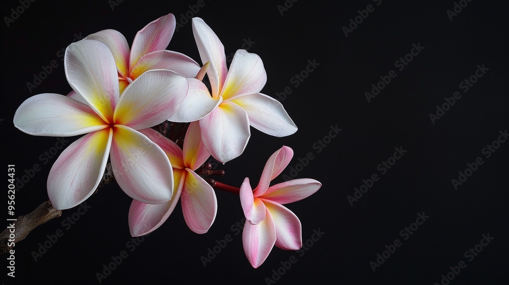 07231249 556. Close-up top view of a single pink-white Plumeria flower bouquet on its stalk, isolated against a stark black background, showcasing the vivid pink and yellow hues of the blooming 07231249 556. Close-up top view of a single pink-white Plumeria flower bouquet on its stalk, isolated against a stark black background, showcasing the vivid pink and yellow hues of the blooming