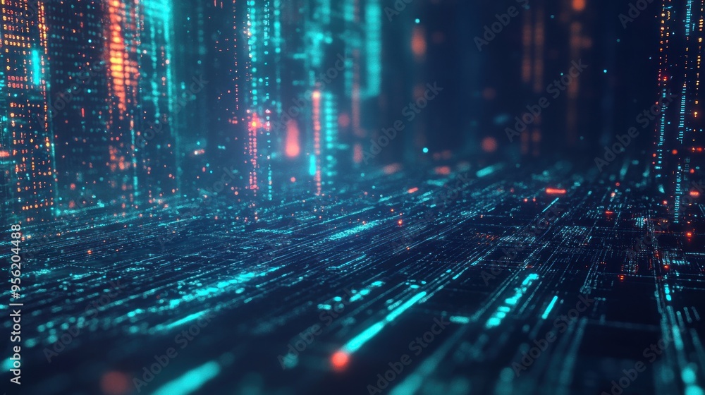 Obraz premium Abstract Digital Cityscape with Glowing Lines and Patterns