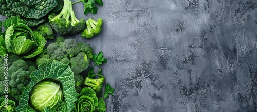 Various cabbage varieties like kale Chinese cabbage and broccoli displayed on a gray background banner Top view with copy space image for text ensuring selective focus photo