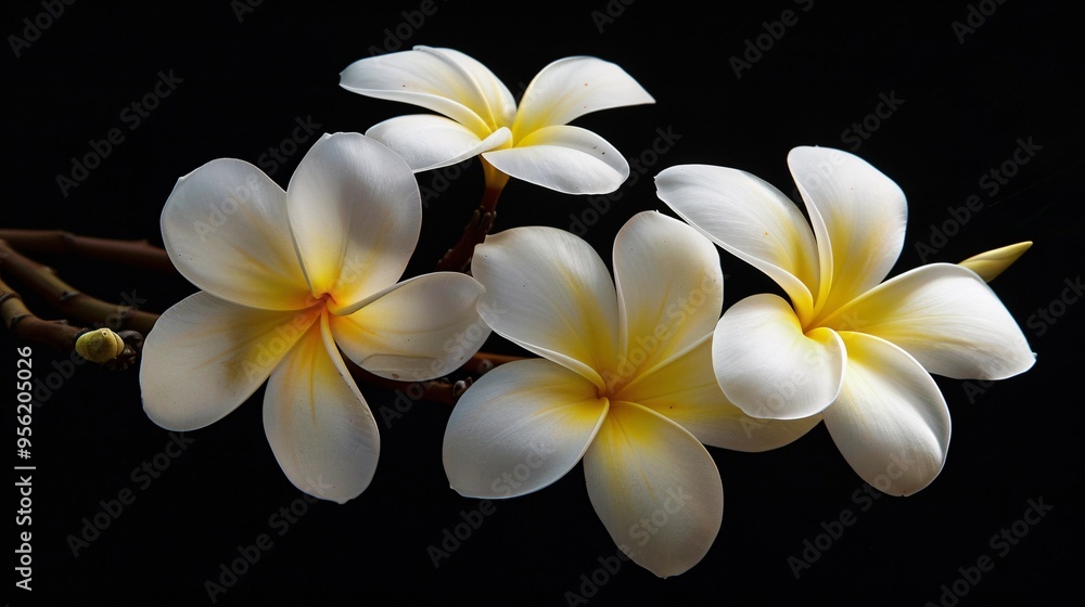 07231249 562. Detailed view of white and yellow tropical Frangipani flowers, isolated on a black background, highlighting the rich textures and vivid hues of the blossoms 07231249 562. Detailed view of white and yellow tropical Frangipani flowers, isolated on a black background, highlighting the rich textures and vivid hues of the blossoms