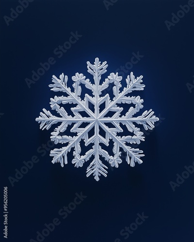 Detailed six-sided snowflake on dark blue background.