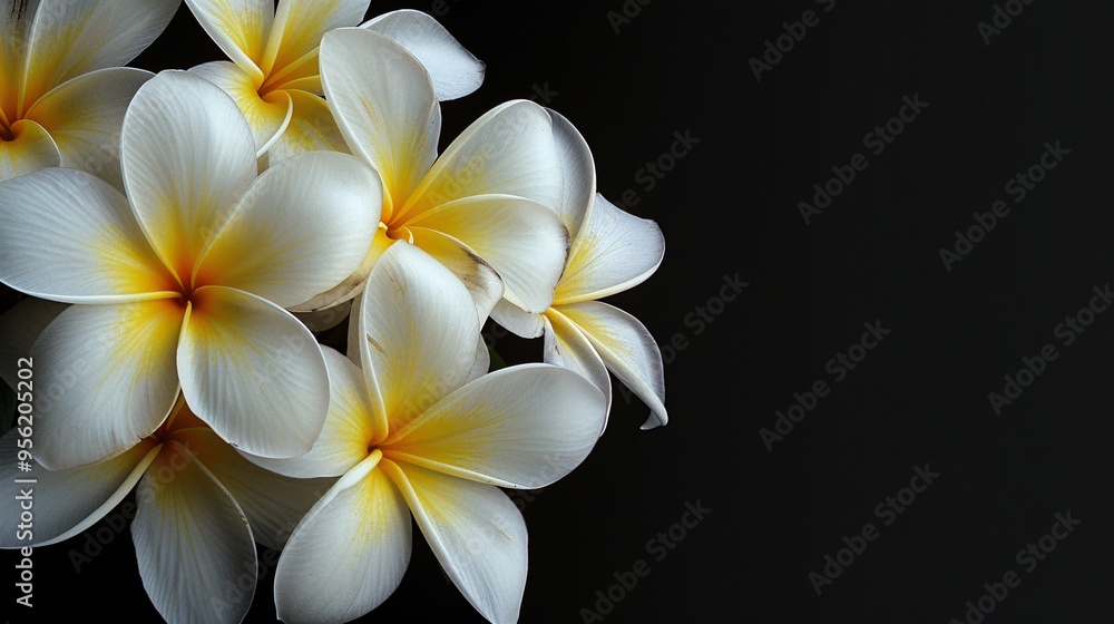 07231249 564. High-resolution close-up of white and yellow Frangipani flowers on a black background, capturing the intricate details and bright contrast of the tropical blossoms 07231249 564. High-resolution close-up of white and yellow Frangipani flowers on a black background, capturing the intricate details and bright contrast of the tropical blossoms