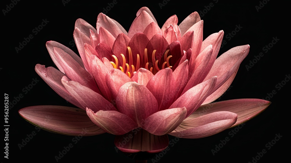 07231249 566. Close-up of a beautiful pink lotus flower isolated on a black background, saved with a clipping path to highlight its detailed petals and religious significance 07231249 566. Close-up of a beautiful pink lotus flower isolated on a black background, saved with a clipping path to highlight its detailed petals and religious significance