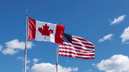 Two flags, one of which is a red maple leaf and the other is an American flag
