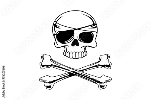 Calavera pirata con parche y huesos cruzados en diseño monocromático
