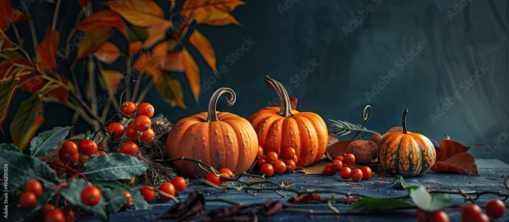 Fall themed table setup featuring pumpkins sea buckthorn and dried leaves on a dark backdrop with copy space image Fall themed table setup featuring pumpkins sea buckthorn and dried leaves on a dark backdrop with copy space image