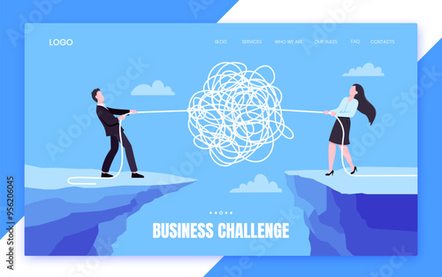 Unravel business chaos process with tangle difficult problem mess business concept flat style design vector illustration. Chaos to order, complex to simple metaphor with people trying solve mess cable