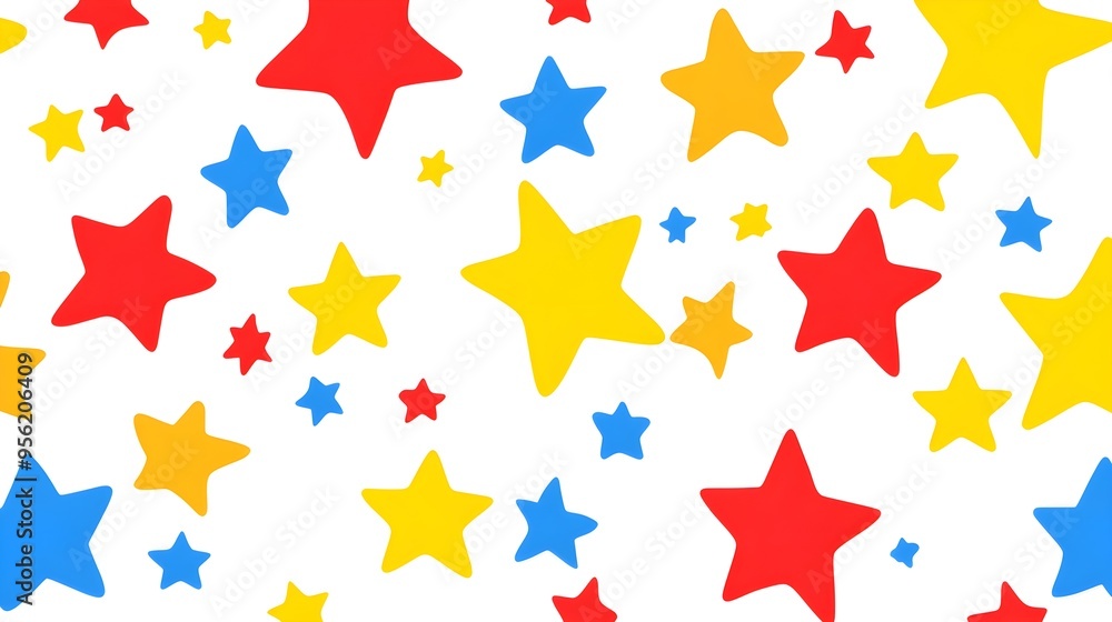A pattern of bright, bold stars in primary colors, arranged in a minimalistic design A pattern of bright, bold stars in primary colors, arranged in a minimalistic design