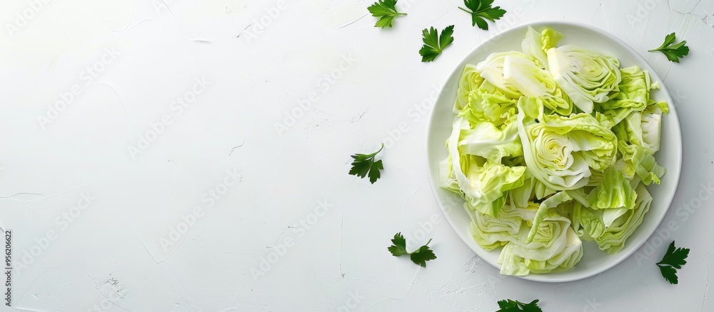 Obraz premium A top down view of fresh sliced cabbage on a white dish against a white backdrop with a spacious copy space image Fresh veggie salad prep health perks and a flat lay arrangement