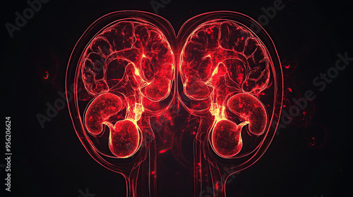 Two glowing red human kidneys on a black background photo