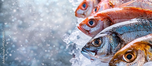 Several fresh sea fish in a stacked arrangement on ice providing a natural and cool setting with copy space image photo