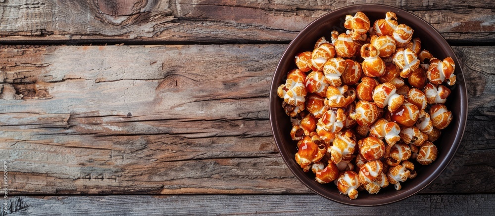 Close up image of salted caramel popcorn with caramel sauce as a topping in a bowl on a wooden backdrop specifically designed with a place for text in the copy space image Close up image of salted caramel popcorn with caramel sauce as a topping in a bowl on a wooden backdrop specifically designed with a place for text in the copy space image