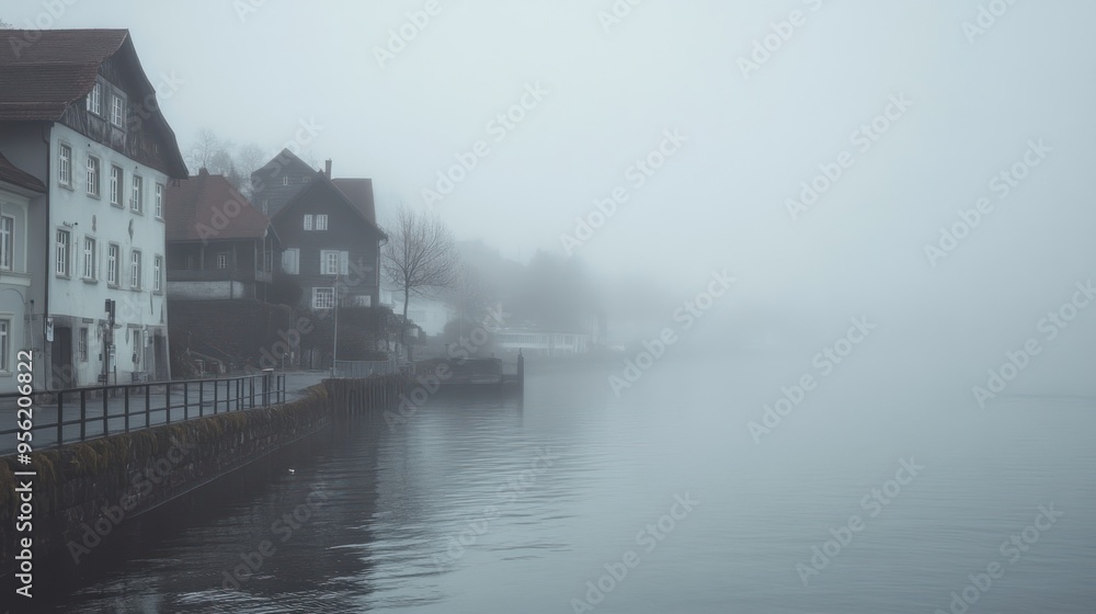 Fototapeta premium Misty Lakefront Town