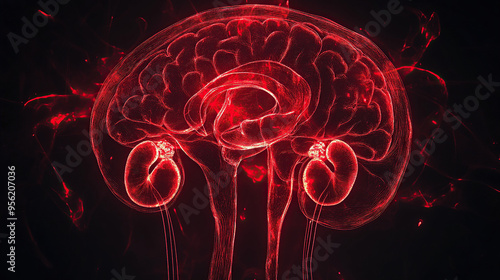 Two glowing red human kidneys on a black background photo