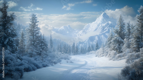 Wallpaper Mural Serene Snow-Covered Pathway Through a Winter Forest with Mountain View Torontodigital.ca