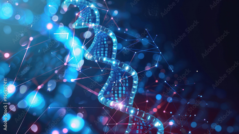 Digital representation of DNA with binary code and glowing particles, symbolizing genetic data and technology. Digital representation of DNA with binary code and glowing particles, symbolizing genetic data and technology.