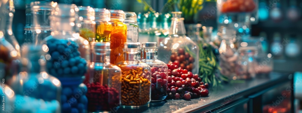 Glass jars filled with colorful ingredients in a modern kitchen. Glass jars filled with colorful ingredients in a modern kitchen.