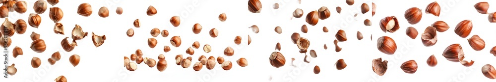 Specimen of falling hazelnut on white background Specimen of falling hazelnut on white background