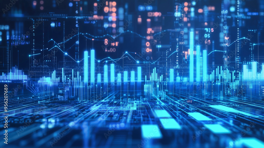 Digital Financial Data Visualization with Rising Graphs and Bar Charts Digital Financial Data Visualization with Rising Graphs and Bar Charts