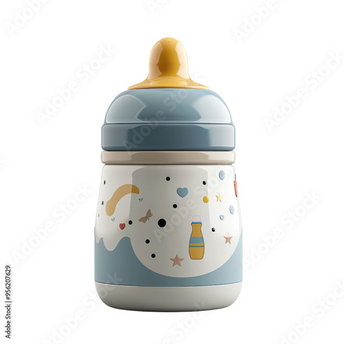 Cute baby bottle with colorful design, perfect for infants and toddlers. Ideal for baby-related products and parenting themes.