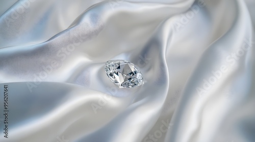 A single, glistening diamond droplet resting on a luxurious white silk fabric, emphasizing the elegance and coldness of precious materials. photo