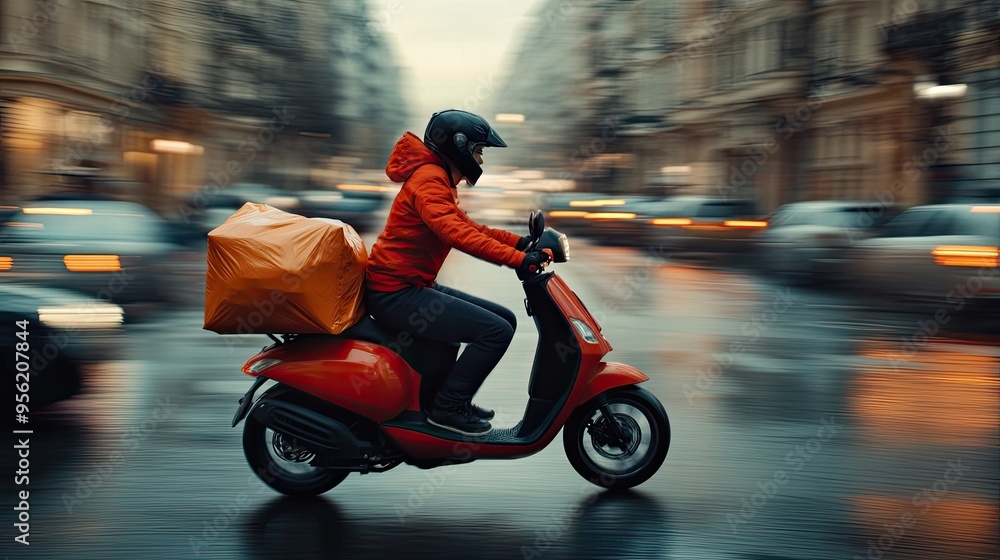 A delivery rider on a scooter with an insulated food bag, navigating through city streets to deliver a hot meal, capturing the fast-paced nature of food delivery. Ample copy space available. A delivery rider on a scooter with an insulated food bag, navigating through city streets to deliver a hot meal, capturing the fast-paced nature of food delivery. Ample copy space available.