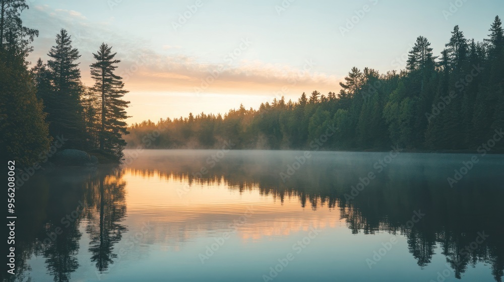 Peaceful Sunrise over a Misty Lake Peaceful Sunrise over a Misty Lake