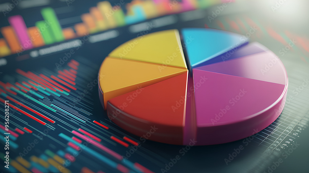 Fototapeta premium Ultra-realistic 3D illustration of a colorful pie chart with detailed financial graphs in the background for business data analysis