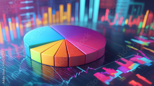 Ultra-realistic 3D illustration of a colorful pie chart with detailed financial graphs in the background for business data analysis

 photo