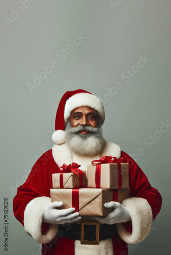 Senior bearded man in santa clause outfit carrying Christmas gift boxes