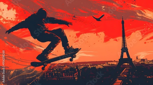 A skateboarder performing tricks, with the Eiffel Tower visible, illustrated in modern vector art.
