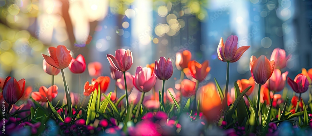 Tulips in a garden adding greenery to the cityscape with a blurred background highlighting space for text or images. with copyspace image Tulips in a garden adding greenery to the cityscape with a blurred background highlighting space for text or images. with copyspace image