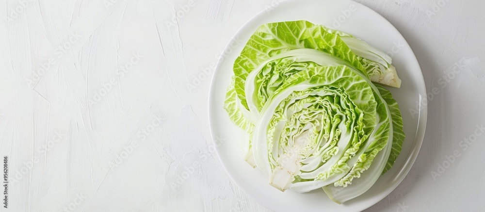 Obraz premium Top view of sliced fresh cabbage on white plate isolated on a white background with copy space image showcasing the benefits of this healthy vegetable in a flat lay composition