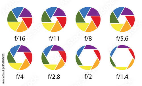 Camera lens diaphragm collection. Aperture icon symbol set in colors. Camera lens diaphragm. Shutter camera aperture lens vector icon set in color. Different style. Vector illustration.