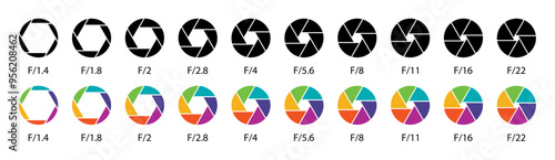 Camera lens diaphragm collection. Aperture icon symbol set in black and colors. Camera lens diaphragm row with aperture value numbers. Shutter camera aperture lens icon set. Different style.