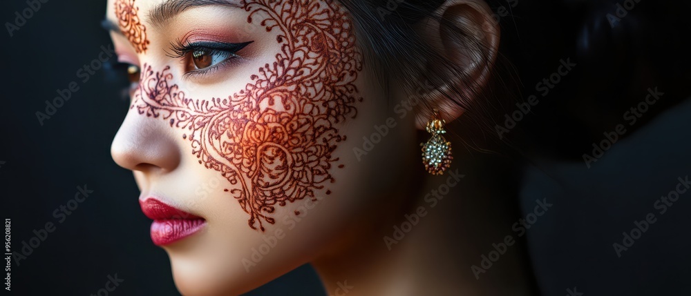 Portrait of an Asian woman with intricate henna designs on her face, blending cultural art with modern beauty Portrait of an Asian woman with intricate henna designs on her face, blending cultural art with modern beauty