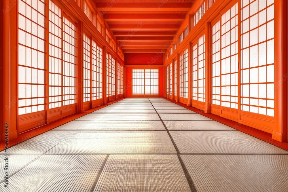 Traditional Japanese Corridor with Red Wooden Frames and Tatami Mat Floor Traditional Japanese Corridor with Red Wooden Frames and Tatami Mat Floor