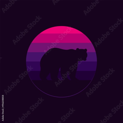 Silhouette of a bear against a striped retro sunset. Original vector illustration in vintage style isolated on black background. T-shirt design.