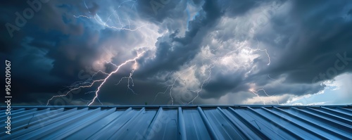 Dramatic lightning storm over metal roof photo