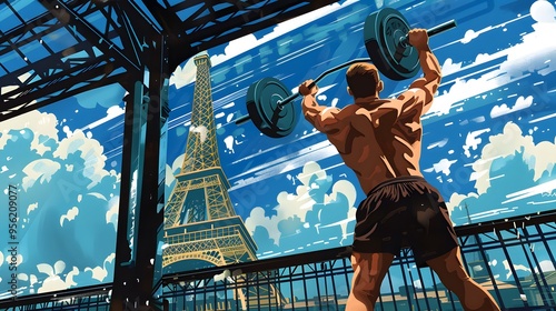 A weightlifter lifting at a Paris venue, with the Eiffel Tower visible, rendered in refined vector art.