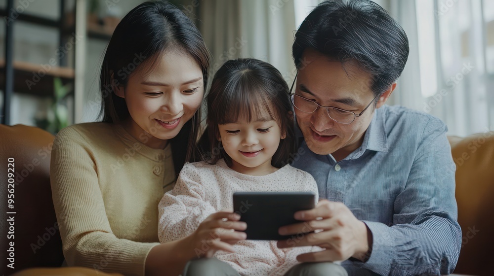An Asian family using a shared app to coordinate extracurricular activities, ensuring both parents are involved in decision-making. An Asian family using a shared app to coordinate extracurricular activities, ensuring both parents are involved in decision-making.