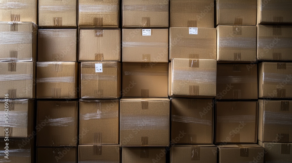 Stacked cardboard boxes labeled and ready for shipment in a warehouse, illustrating the organized process of parcel transport. Plenty of space for copy. Stacked cardboard boxes labeled and ready for shipment in a warehouse, illustrating the organized process of parcel transport. Plenty of space for copy.