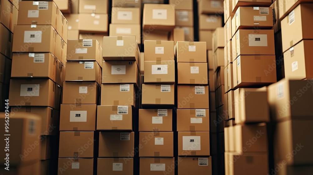 Stacked cardboard boxes labeled and ready for shipment in a warehouse, illustrating the organized process of parcel transport. Plenty of space for copy. Stacked cardboard boxes labeled and ready for shipment in a warehouse, illustrating the organized process of parcel transport. Plenty of space for copy.