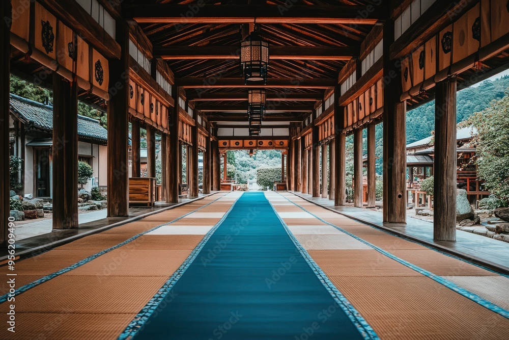 Covered Pathway Leading Through Japanese Temple Courtyard Covered Pathway Leading Through Japanese Temple Courtyard