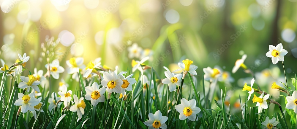 Fototapeta premium During spring a vibrant display of blooming yellow and white daffodils can be seen with a beautiful garden background providing copy space image