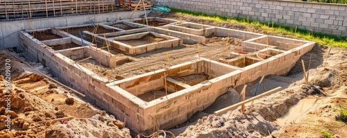 Building foundation construction at a construction site.